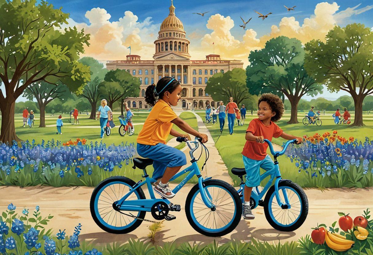 A dynamic illustration showcasing the journey of a child growing from infancy to adolescence, depicted through a colorful timeline featuring milestones like first steps, learning to ride a bike, and graduation. The background features iconic Texas landscapes, such as bluebonnets and the state capitol, with symbols of health like fruits and exercise. The characters represent diverse Texas families nurturing their children. vibrant colors. digital painting. cheerful and uplifting mood.