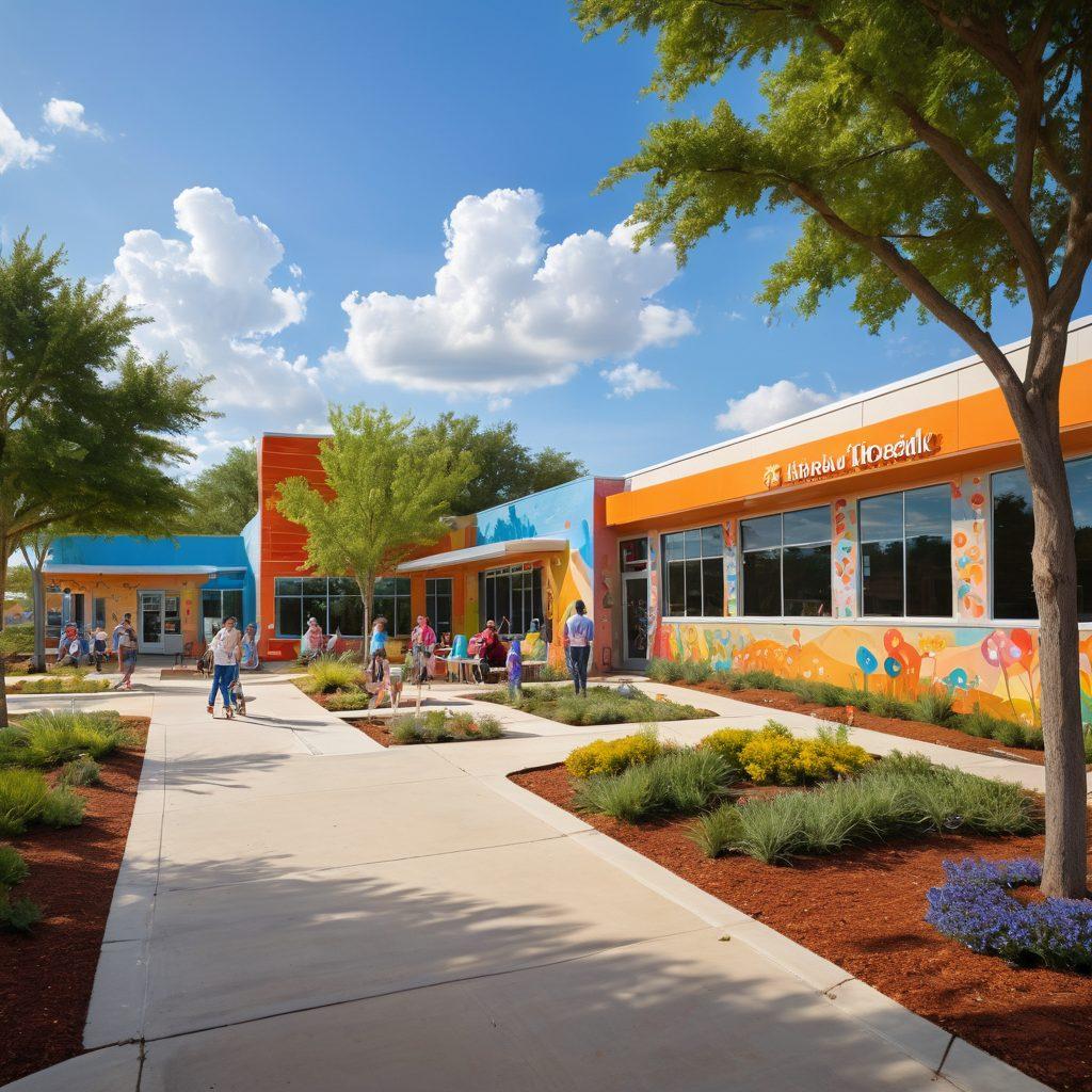 A warm and inviting pediatric clinic bustling with families and children, showcasing friendly healthcare providers interacting playfully with kids. In the background, a vibrant mural depicting a healthy, flourishing Texas landscape with families enjoying outdoor activities. The focus is on compassion, community, and the joy of childhood health. super-realistic. vibrant colors. white background.