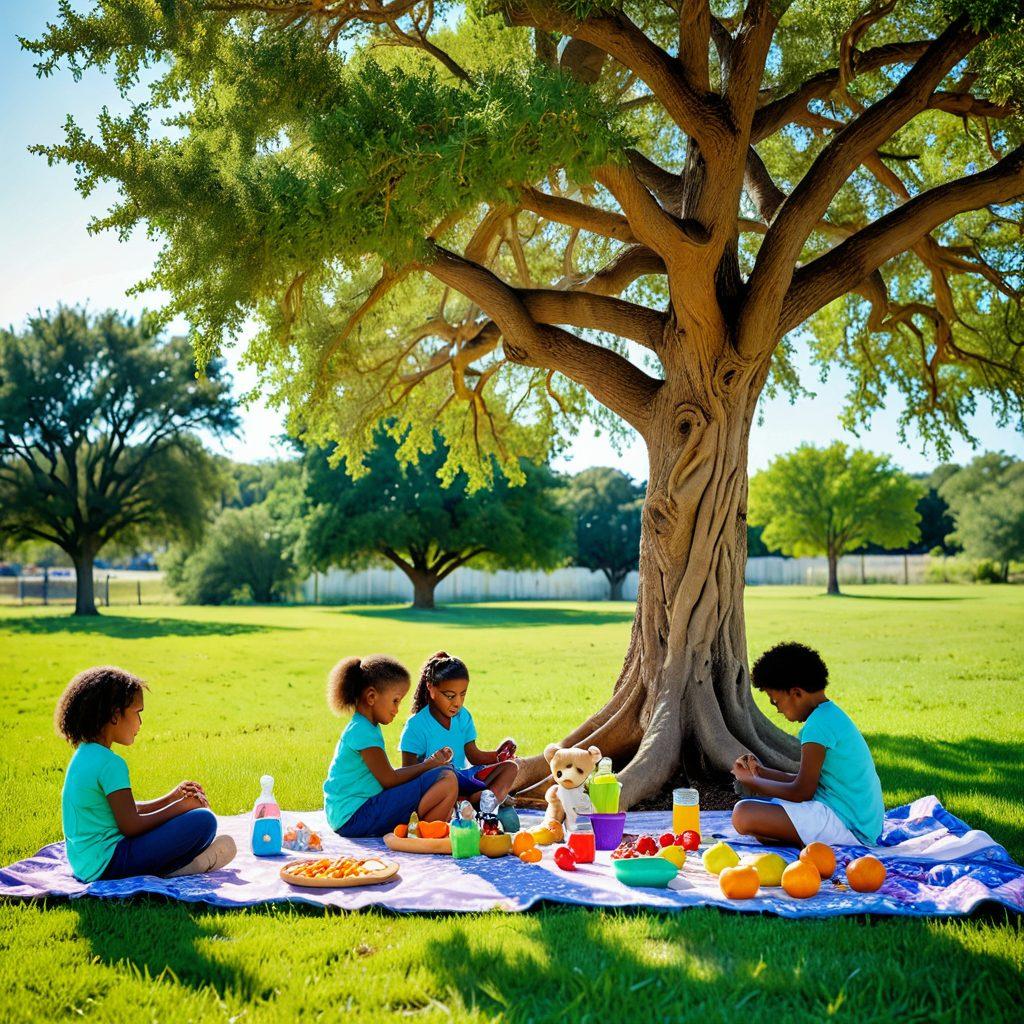 A serene Texas landscape featuring a diverse group of children playing under the sun, surrounded by symbols of health like stethoscopes, teddy bears, and healthy snacks. In the background, a pediatrician interacts with a child, showcasing care and nurturing. Incorporate elements that highlight the journey from infancy to adolescence, like growth stages illustrated on a tree. Warm, inviting colors that evoke feelings of safety and well-being. super-realistic. vibrant colors.